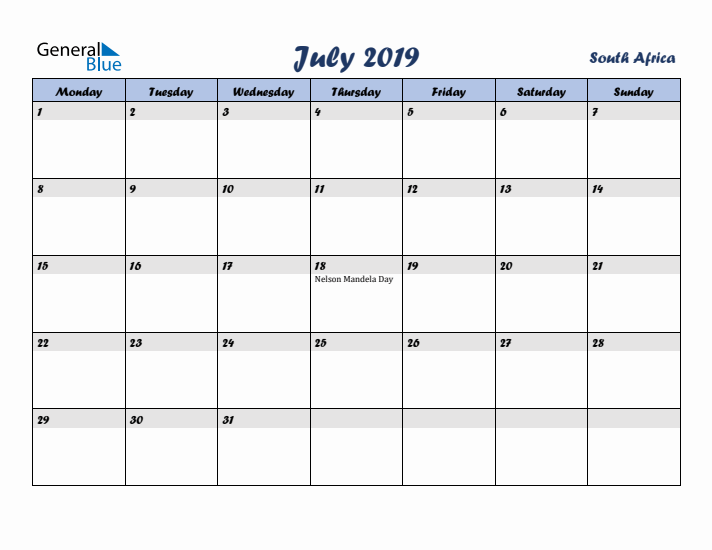 July 2019 Calendar with Holidays in South Africa