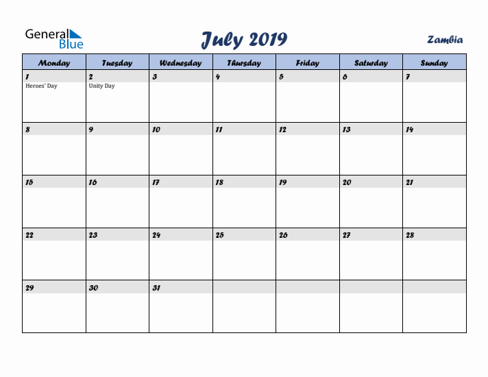 July 2019 Calendar with Holidays in Zambia