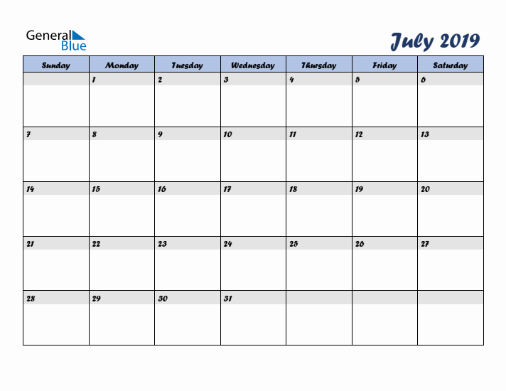 July 2019 Blue Calendar (Sunday Start)