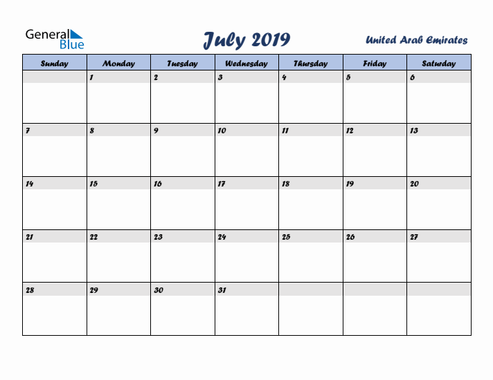 July 2019 Calendar with Holidays in United Arab Emirates