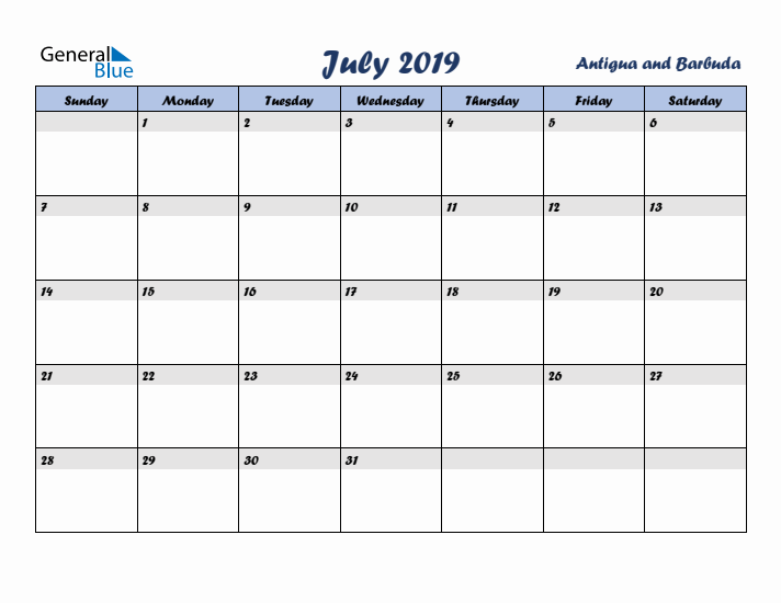 July 2019 Calendar with Holidays in Antigua and Barbuda