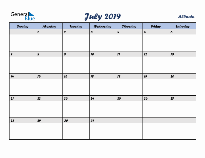 July 2019 Calendar with Holidays in Albania