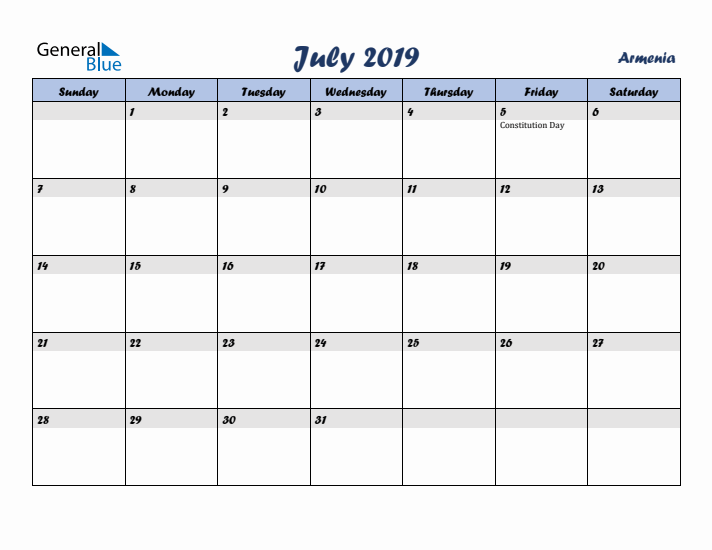 July 2019 Calendar with Holidays in Armenia