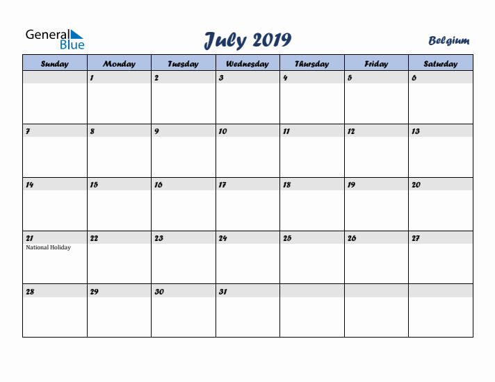 July 2019 Calendar with Holidays in Belgium