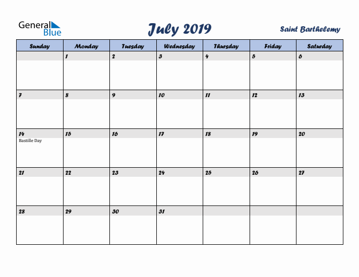 July 2019 Calendar with Holidays in Saint Barthelemy