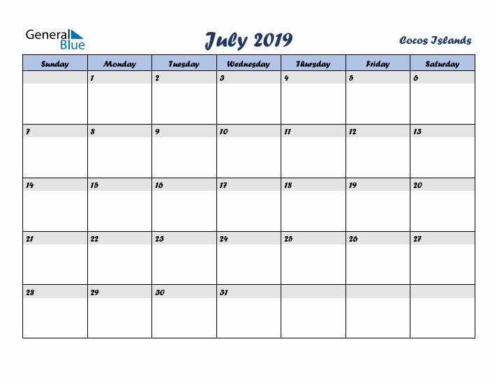 July 2019 Calendar with Holidays in Cocos Islands