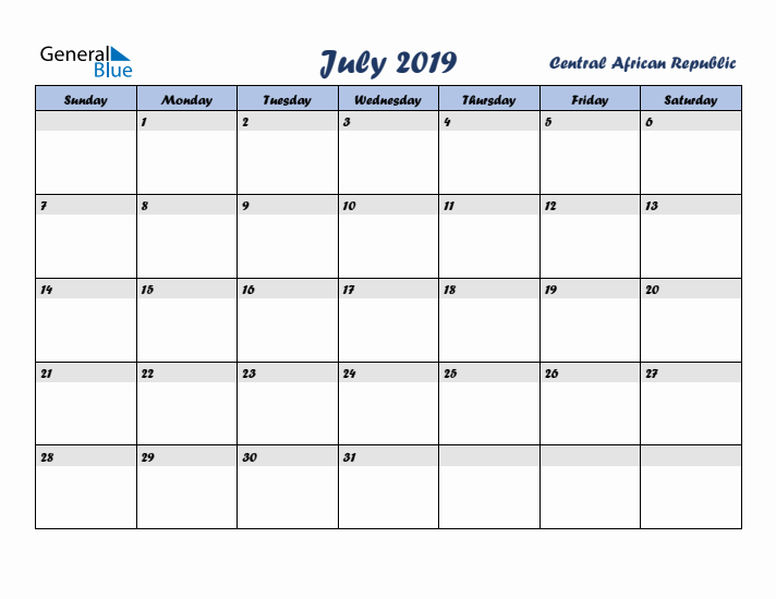 July 2019 Calendar with Holidays in Central African Republic