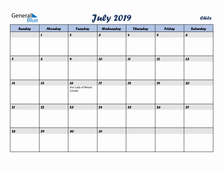 July 2019 Calendar with Holidays in Chile
