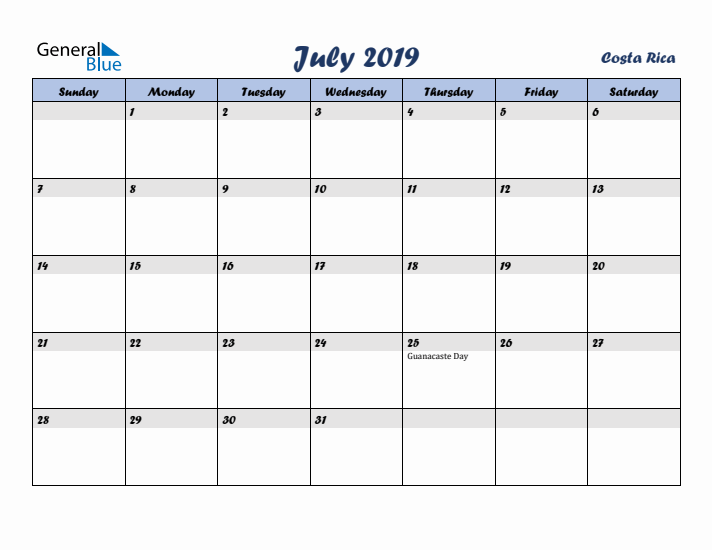 July 2019 Calendar with Holidays in Costa Rica