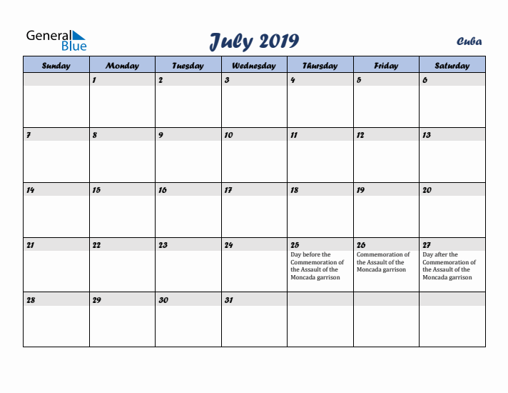 July 2019 Calendar with Holidays in Cuba