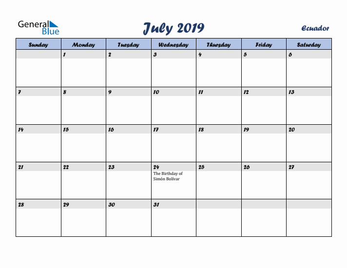 July 2019 Calendar with Holidays in Ecuador