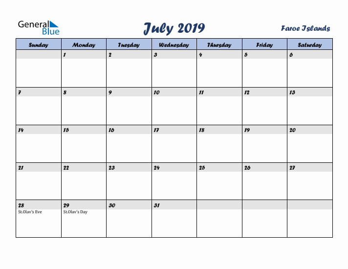 July 2019 Calendar with Holidays in Faroe Islands
