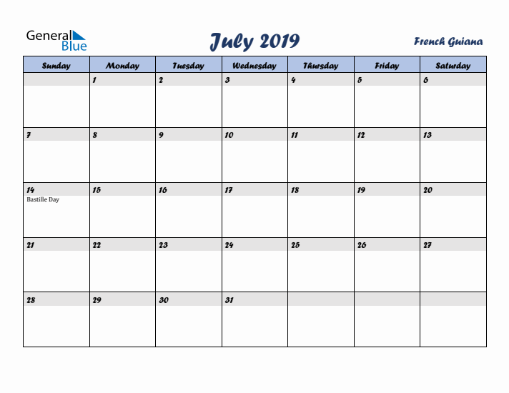 July 2019 Calendar with Holidays in French Guiana