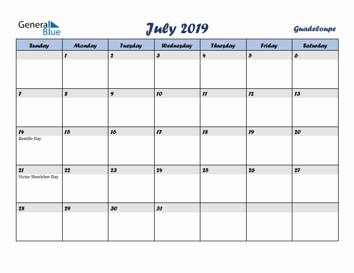 July 2019 Calendar with Holidays in Guadeloupe
