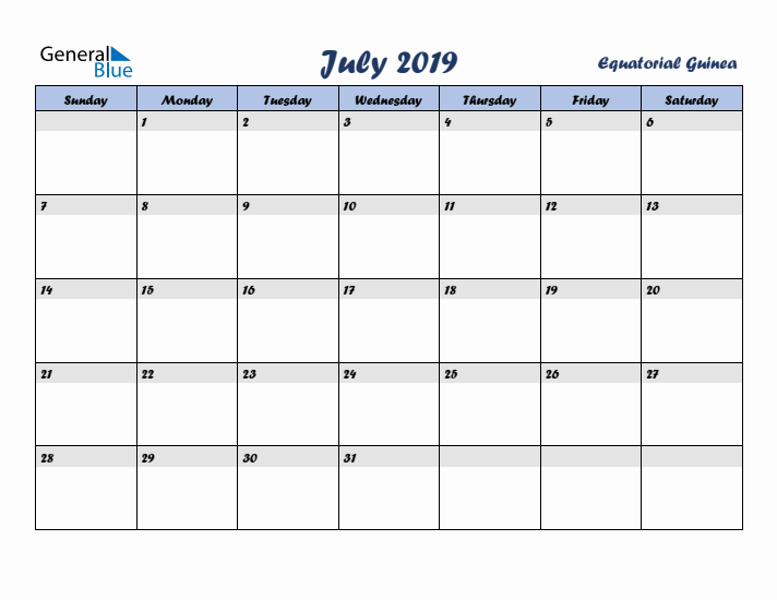 July 2019 Calendar with Holidays in Equatorial Guinea