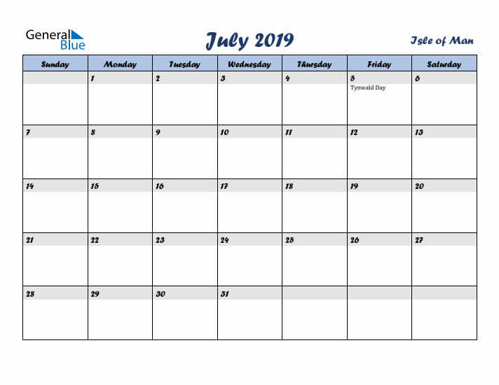 July 2019 Calendar with Holidays in Isle of Man
