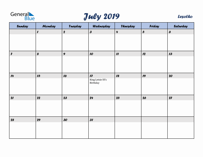 July 2019 Calendar with Holidays in Lesotho