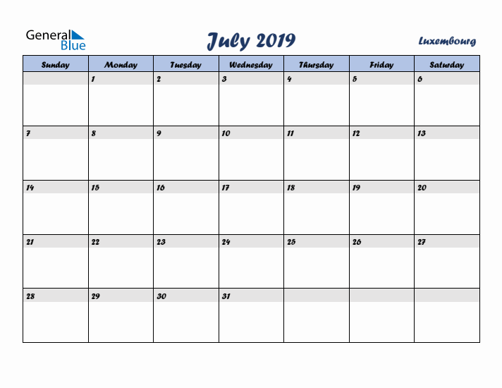 July 2019 Calendar with Holidays in Luxembourg