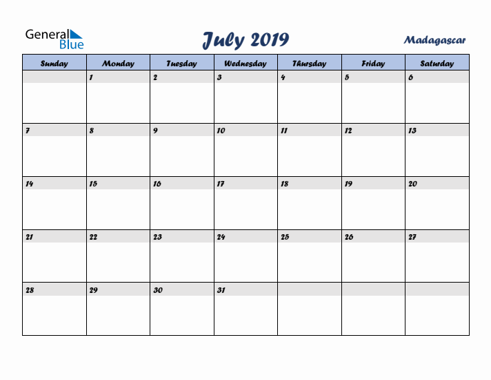 July 2019 Calendar with Holidays in Madagascar