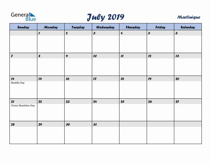 July 2019 Calendar with Holidays in Martinique