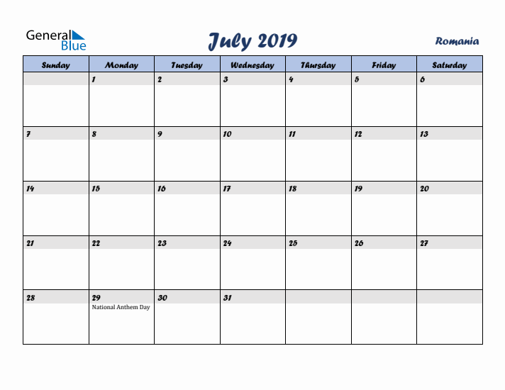 July 2019 Calendar with Holidays in Romania
