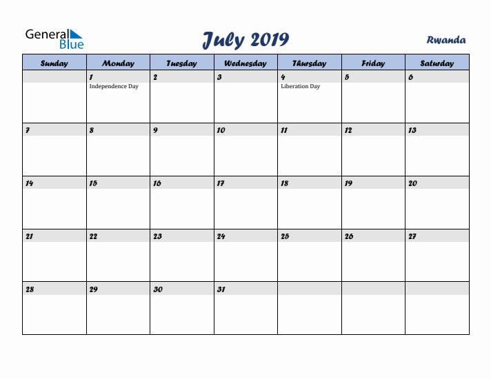 July 2019 Calendar with Holidays in Rwanda
