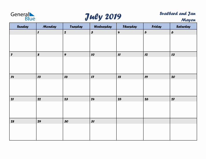 July 2019 Calendar with Holidays in Svalbard and Jan Mayen