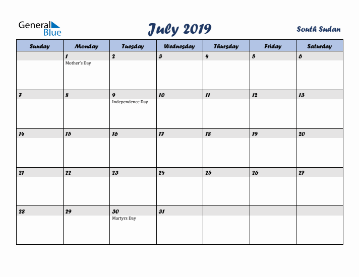 July 2019 Calendar with Holidays in South Sudan