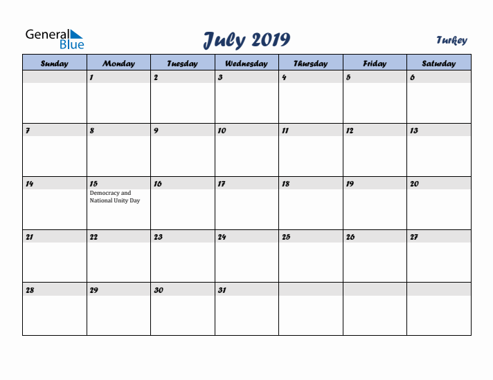 July 2019 Calendar with Holidays in Turkey