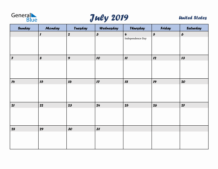 July 2019 Calendar with Holidays in United States