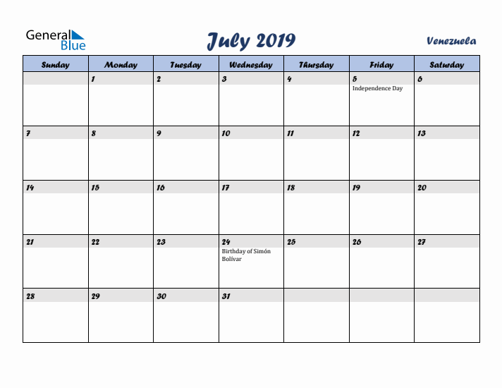 July 2019 Calendar with Holidays in Venezuela