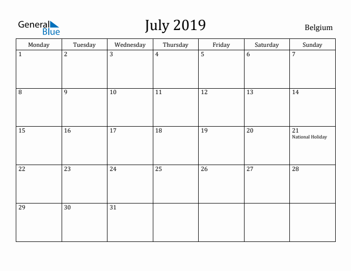 July 2019 Calendar Belgium