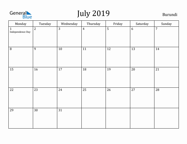 July 2019 Calendar Burundi