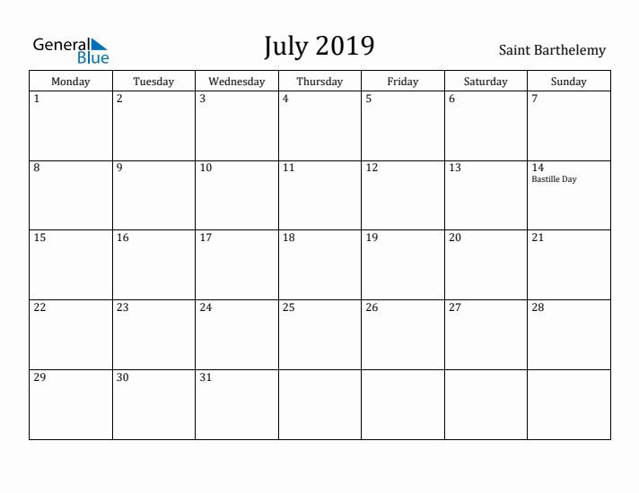 July 2019 Calendar Saint Barthelemy