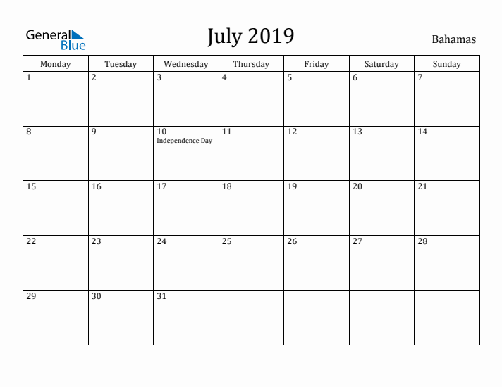 July 2019 Calendar Bahamas