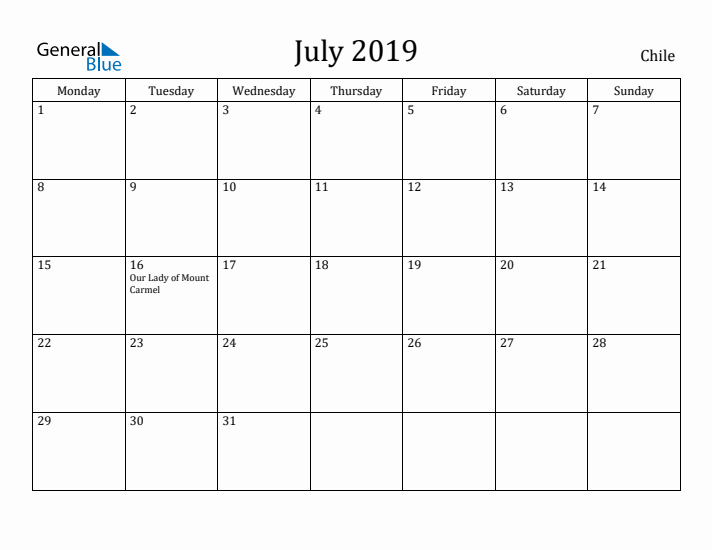July 2019 Calendar Chile
