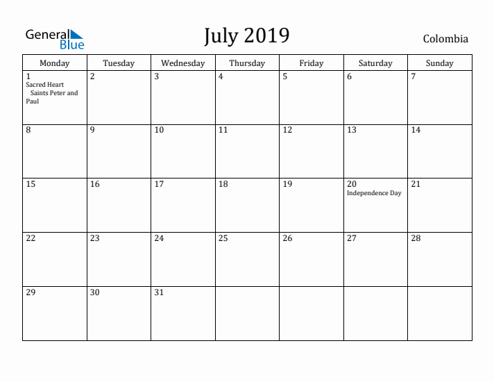 July 2019 Calendar Colombia