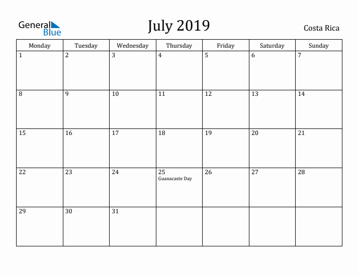 July 2019 Calendar Costa Rica