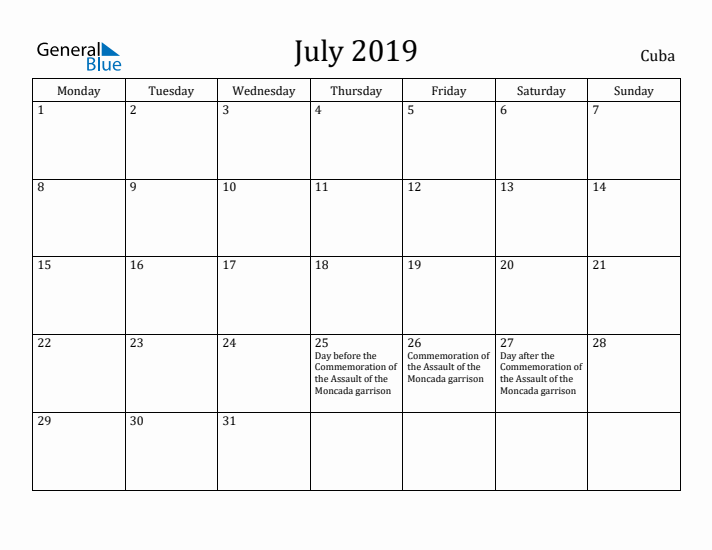 July 2019 Calendar Cuba