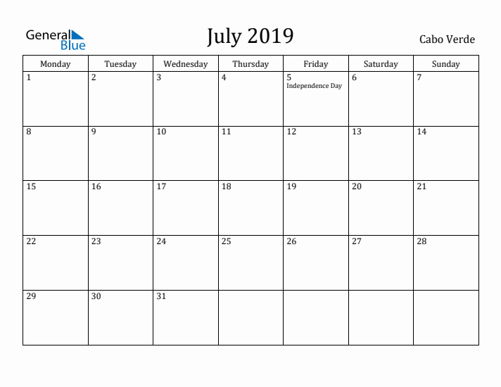 July 2019 Calendar Cabo Verde