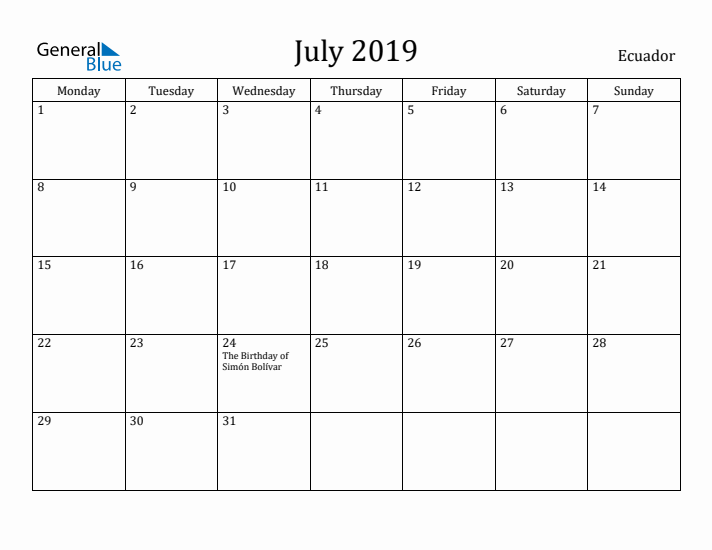 July 2019 Calendar Ecuador