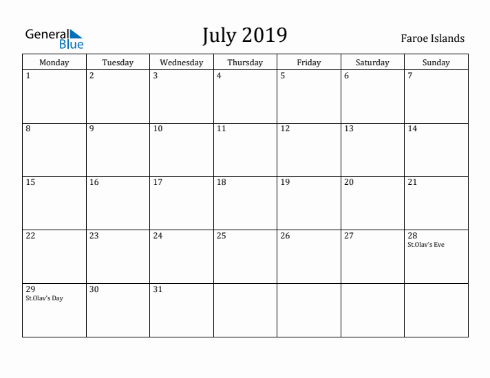 July 2019 Calendar Faroe Islands