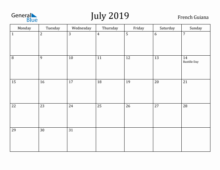 July 2019 Calendar French Guiana
