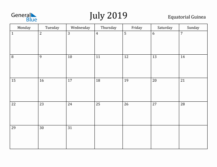July 2019 Calendar Equatorial Guinea