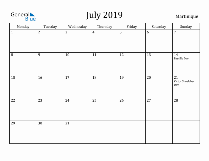 July 2019 Calendar Martinique