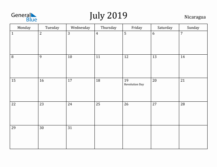 July 2019 Calendar Nicaragua