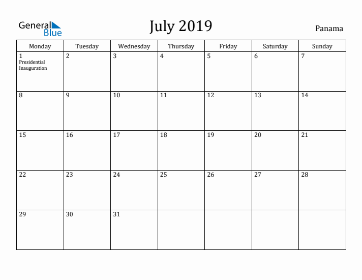July 2019 Calendar Panama