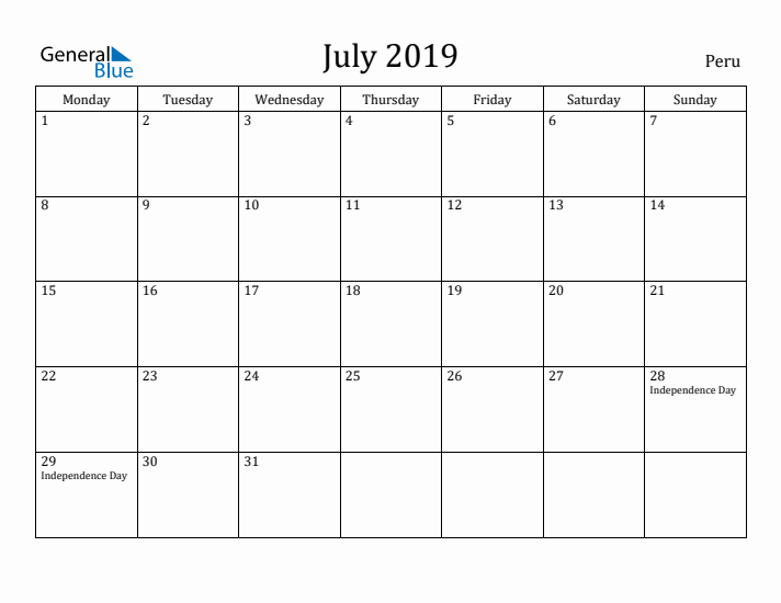 July 2019 Calendar Peru