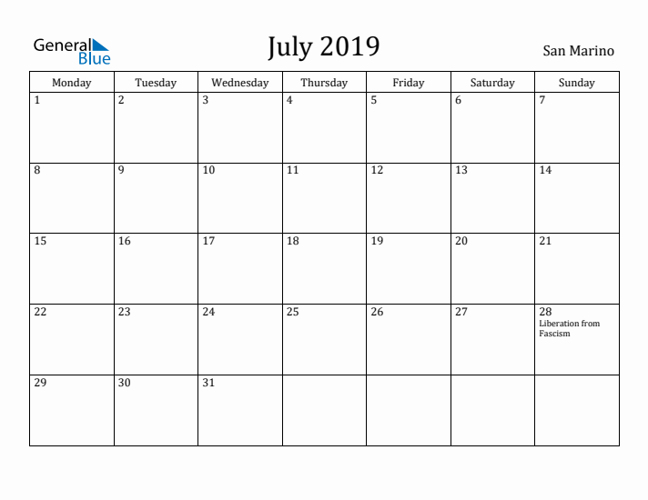 July 2019 Calendar San Marino