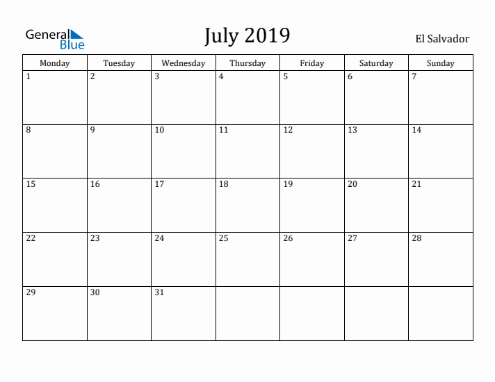 July 2019 Calendar El Salvador